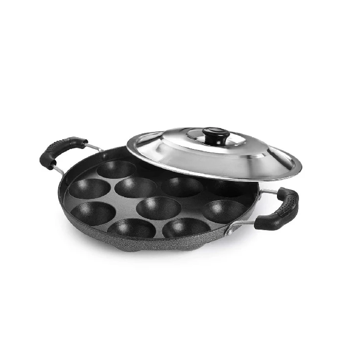 Tosaa Aluminium 12 Cavity Appam Patra Paniyarakkal Two Side Handle with Steel lid & Wooden Picker, ( 23 cm, Black), 550 g-4.webp